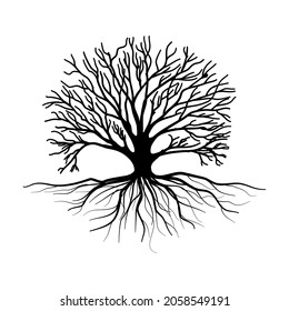 Schwarze Bäume und Wurzeln mit Blättern sehen schön und erfrischend aus. Baum-und WurzelLOGO-Stil.