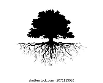 Black Trees and root with leaves look beautiful and refreshing. Tree and roots LOGO style.