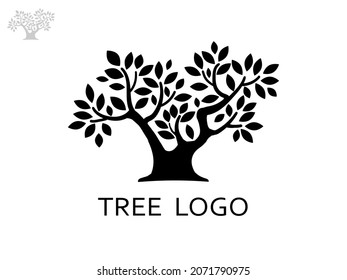 Black Trees and root with leaves look beautiful on white background. Tree and roots LOGO style.