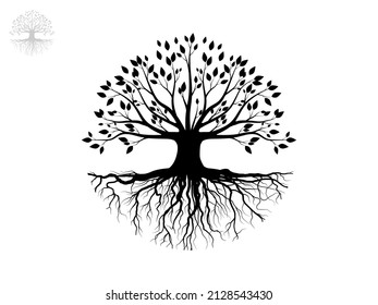 Black Trees and root with leaves look beautiful and refreshing. Tree and roots LOGO style