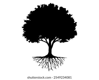 Árvores pretas e raiz com folhas parecem bonitas e refrescantes. Estilo do LOGOTIPO das árvores e raízes.