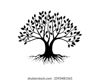 Black Trees and root with leaves look beautiful and refreshing. Tree and roots LOGO style.