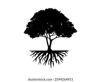 Black Trees and root with leaves look beautiful and refreshing. Tree and roots LOGO style.