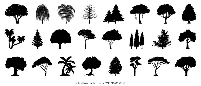Black trees silhouette collection. Set of of tree silhouette. Black graphics trees elements collection svg
