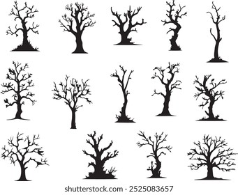 Black trees silhouette Halloween tree silhouette dry tree silhouette Ghost tree with scary face for Halloween card decoration. Hand drawn isolated illustrations