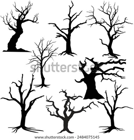 Black trees silhouette
Halloween tree silhouette
dry tree silhouette Ghost tree with scary face for Halloween card decoration
Naked trees silhouettes set. Hand drawn isolated illustrations