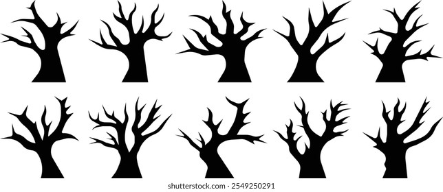 Black trees silhouette. Trees with roots vector collection. Fallen leaves tree roots isolated on white background. Dry tree silhouette set. Set of different winter hand drawn trees.