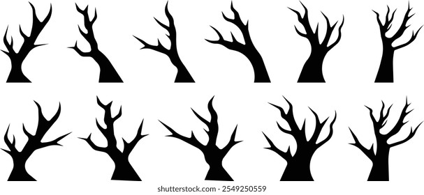 Black trees silhouette. Trees with roots vector collection. Fallen leaves tree roots isolated on white background. Dry tree silhouette set. 