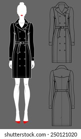 Black trench coat isolated vector, front and back
