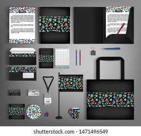 Black trendy corporate identity template design with floral pattern. Modern abstract business set stationery.