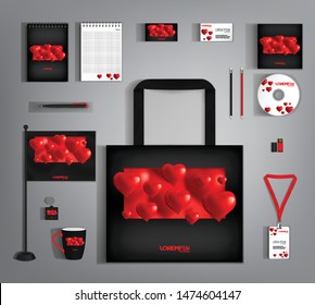 Black trendy corporate identity template design with red hearts pattern. Modern abstract business set stationery.