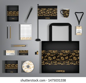 Black trendy corporate identity template design with gold hearts pattern. Modern abstract business set stationery.