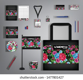 Black trendy corporate identity template design with floral pattern. Modern abstract business set stationery.