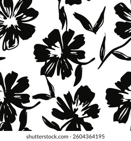 Black trendy floral pattern.Seamless pattern with florals for fabric, textiles, clothing, wrapping paper. Vector illustration.