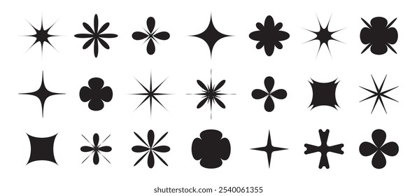 Black trendy shapes set in y2k retro futuristic style. star, flower, and sparkle forms as isolated vector design elements for a 2000s aesthetic on white background