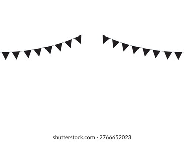 Black triangle bunting flags on white background with a string of black triangular bunting flags strung across a white