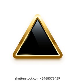 Black triangle button with golden frame vector illustration. 3d glossy elegant design for empty label, emblem, medal or badge, shiny and gradient light effect on plate isolated on white background.