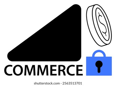 Black triangle, coin with dollar sign, blue lock, and text Commerce. Ideal for online business, financial transactions, e-commerce, cybersecurity, and digital payments. Simple, modern style