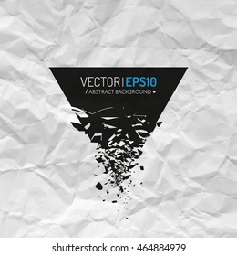 Black triangle with debris on white background with creased paper texture. Poster or flyer design concept . Vector illustration