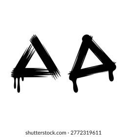 Black triangle symbols with brush stroke effect and dripping ink warning symbol caution sign vector illustration isolated on white background