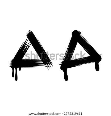 Black triangle symbols with brush stroke effect and dripping ink warning symbol caution sign vector illustration isolated on white background