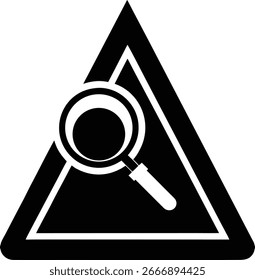 Schwarzes Dreieck-Warnschild mit Lupe innen, einzeln auf weißem Hintergrund