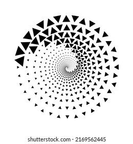 Black triangles in circle spiral as background or icon, logo.