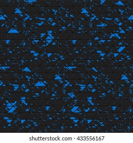 Black triangles of metal, stone with blue spots. Seamless vector grunge colorful texture. Technology seamless pattern. Vector geometric dark background.