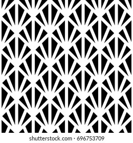 Black triangles on white background. Image with repeated scallops. Fish scale. Seamless pattern with scales. Modern japanese motif. Peacock. Squama. Palm tree leafs grid. Triangular shapes. Vector art
