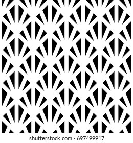 Black triangles on white background. Image with repeated teeth. Canines. Seamless pattern with scales. Modern grid motif. Peacock. Sharp strokes. Palm tree leafs grid. Triangular shapes. Vector art.