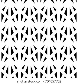 Black triangles on white background. Image with repeated triangular shapes. Seamless surface pattern design. Modern ethnic motif. Embroidery ornament wallpaper. Digital paper for textile print. Vector