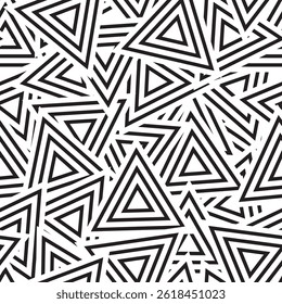 Os triângulos pretos se sobrepõem na tela branca. O design é minimalista e seus padrões intrincados, tornando-se uma peça visual cativante perfeita para qualquer espaço moderno.