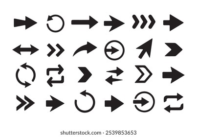 Punteros de flecha triangulares negros aislados. Coloca flechas planas. Ilustración vectorial EPS 10