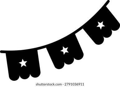 Black triangular flags with white stars strung together as festive bunting against a plain background.
