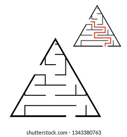 Black triangular labyrinth. Game for kids. Puzzle for children. Maze conundrum. Flat vector illustration isolated on white background. With answer. With place for your image