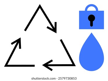 A black triangular recycling logo with a separate blue water droplet and lock icon. Ideal for themes such as environmental preservation, water conservation, secure recycling, sustainability