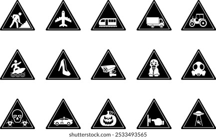 Black Triangular Road Signs. Vector Icons. Warning Signs. Road Works, Airport, Train, Heavy Truck. Farm Tractor, CCTV, Surfing, Baby On Board, No Parking, and More