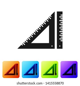 Black Triangular ruler icon isolated on white background. Straightedge symbol. Geometric symbol. Set icon in color square buttons. Vector Illustration