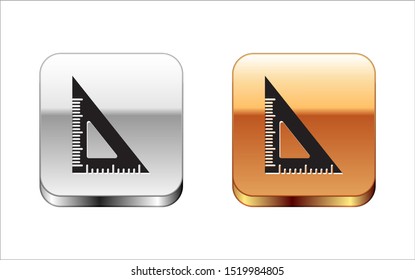 Black Triangular ruler icon isolated on white background. Straightedge symbol. Geometric symbol. Silver-gold square button. Vector Illustration