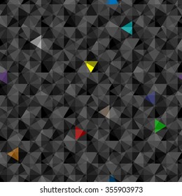 Black triangular texture with colorful blotches. Mosaic background, vector mineral concept.