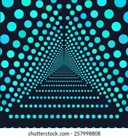 Black triangular tunnel extending deep into the picture. Circles of different tones of blue. Background for futuristic illustration or wallpaper.
