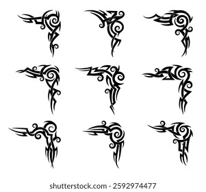 Black tribal celtic and maori tattoos set. Vector set of corners, decorative angle borders in ancient folk style with curves or swirls. Traditional monochrome ornaments, patterns or embellishments