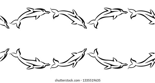 Black tribal dolphin seamless pattern on white background. Vector backdrop illustration