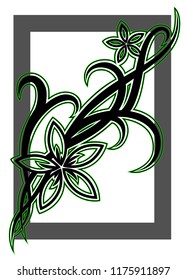 Black tribal flower illustration with green outline on white background