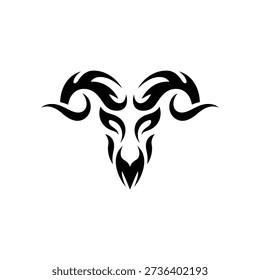 Black tribal style ram head with curved horns and detailed design elements on a pure white background, creating a striking contrast