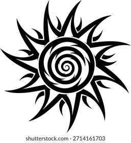 Um símbolo de sol tribal preto com raios pontiagudos afiados e um vórtice espiral central em um fundo branco.