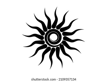 Black Tribal Sun Tattoo Sonnenrad Symbol, sun wheel sign. Summer icon. The ancient European esoteric element. Logo Graphic element spiral shape. Vector design isolated or white background 