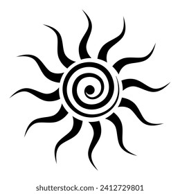 Black Tribal Sun Tattoo Sonnenrad Symbol sun wheel sign. Summer icon. The ancient European esoteric element. Logo Graphic element spiral shape. Vector tattoo design isolated or white background