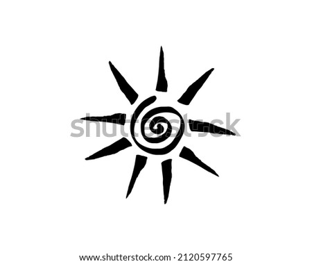 Black Tribal Sun Tattoo Sonnenrad Symbol sun wheel sign. Summer icon. The ancient European esoteric element. Logo Graphic element spiral shape. Vector stroke brush design isolated or white background 