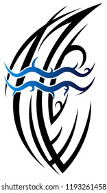 Black tribal tattoo with blue aquarius zodiac on white background